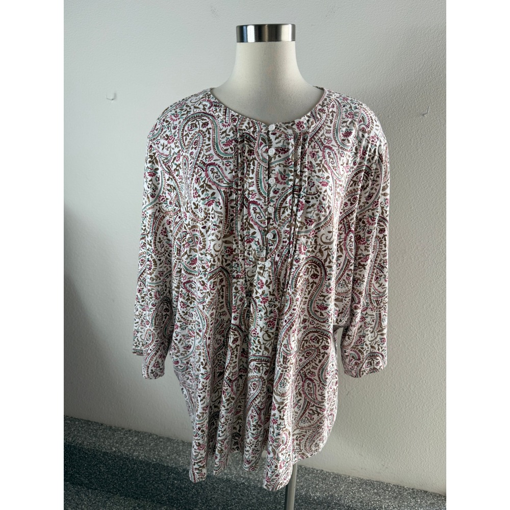 Croft & Barrow Womens Plus 3X Paisley Henley Tunic Top 3/4 Sleeve Pleated Shirt